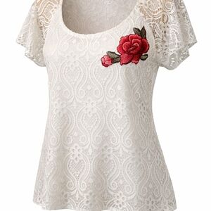 Cream Lace Top with Red Floral Accent